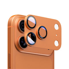 Orange metal camera lens protector for iPhone 17 Pro Max by Phone Base, provides full coverage and protection for the phone’s camera lenses.