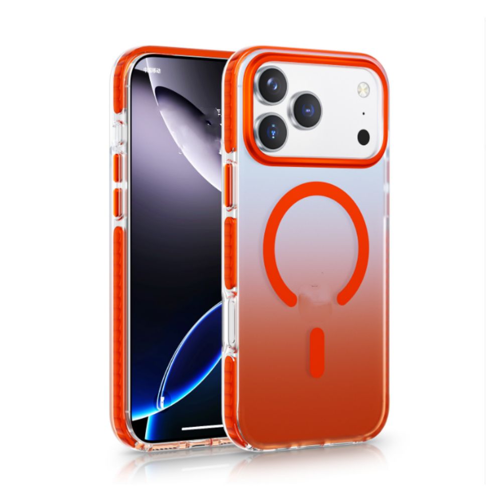 Orange Phone Base Snapz MagSafe case fitted on iPhone 17 Pro Max, showcasing slim protective design and precise cutouts.