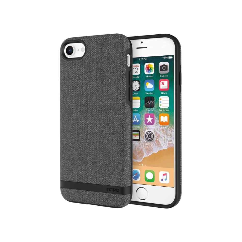 Incipio Charcoal phone case fitted on an iPhone 6/7/8/SE, showing a sleek protective cover with textured charcoal finish.