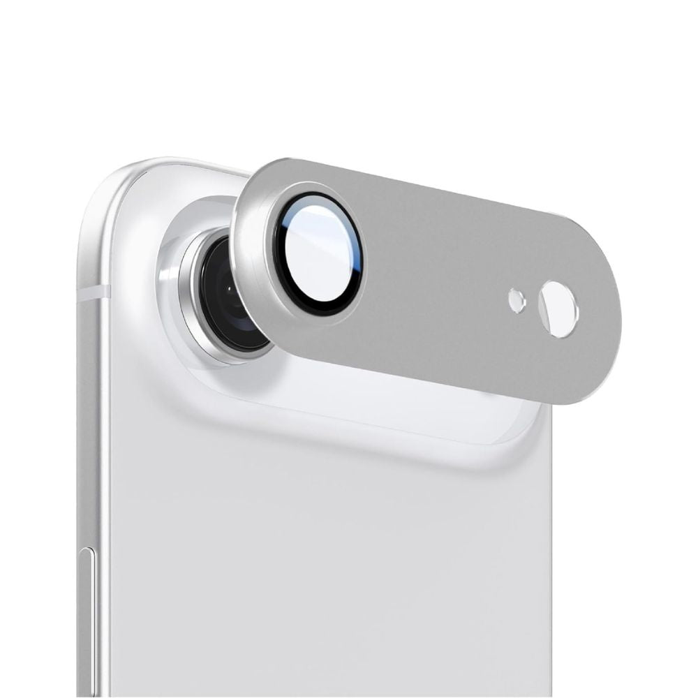 Silver iPhone 17 Series camera lens protector from Phone Base, made of metal, designed to shield the full camera lens.