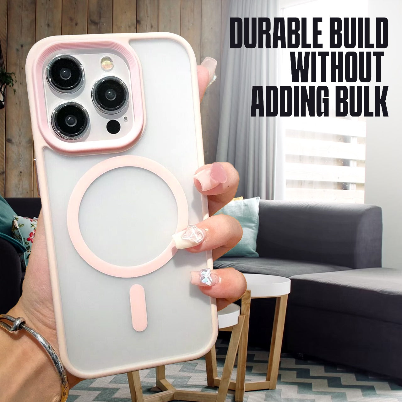 Pink Phone Base Vibe MagSafe case on iPhone 15 or 16 series, showing sleek protective design with MagSafe compatibility.