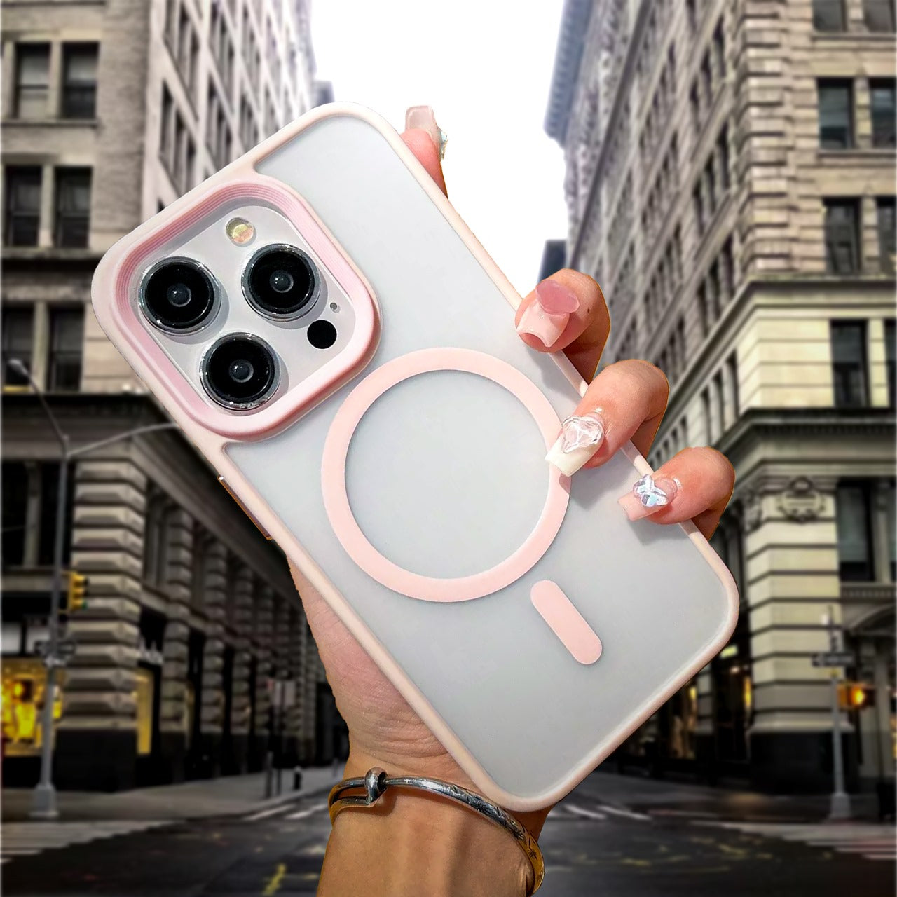 Pink Phone Base Vibe MagSafe Case for iPhone 15 and 16 series, showing the slim protective design with magnetic attachment.