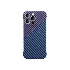 iPhone Pro Max ultra-thin carbon fiber texture minimal shockproof case in purple and blue with aramid pattern by Phone Base