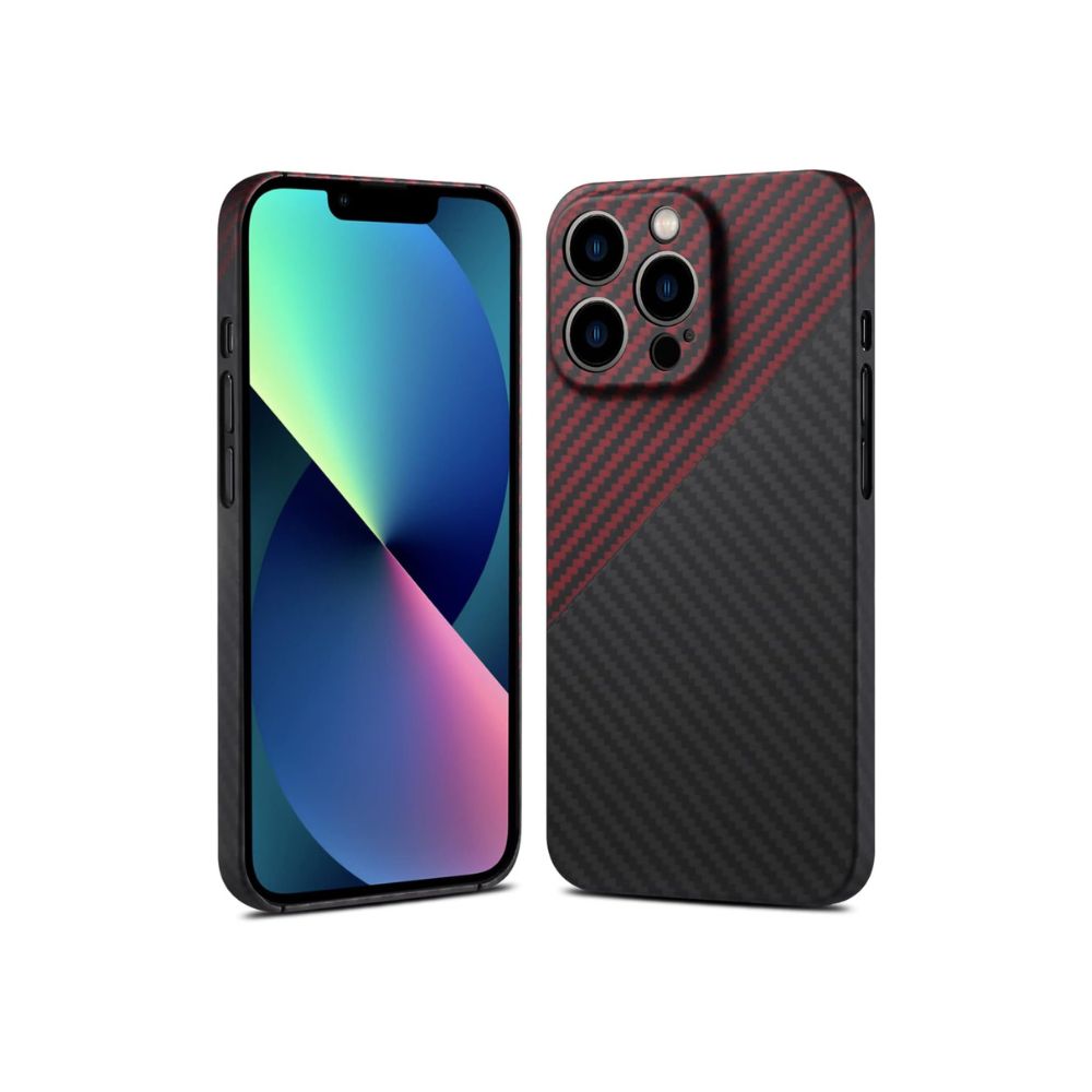 Red and gray iPhone Pro Max ultra-thin carbon fiber texture case by Phone Base, featuring a sleek minimal shockproof design.