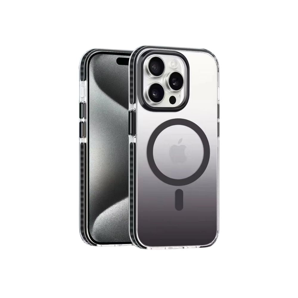 Black Phone Base Snapz MagSafe case fitted on an iPhone, showcasing slim design and precise cutouts for easy access.