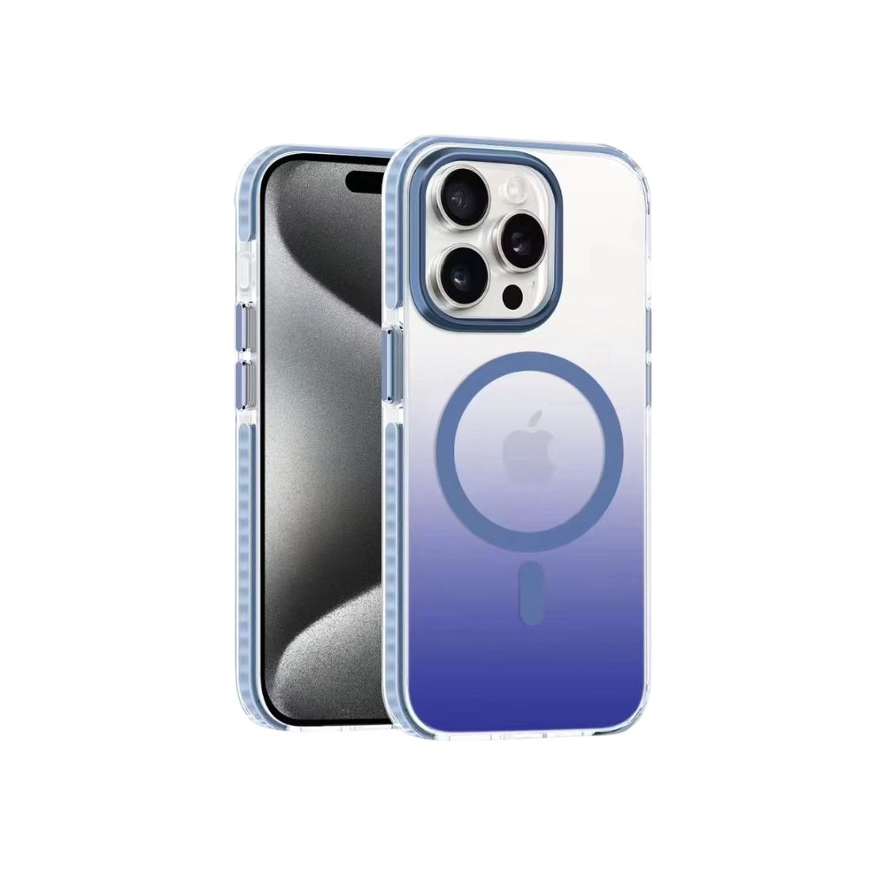 Blue Phone Base Snapz MagSafe Case on an iPhone, showing sleek protective design with magnetic attachment for easy use.