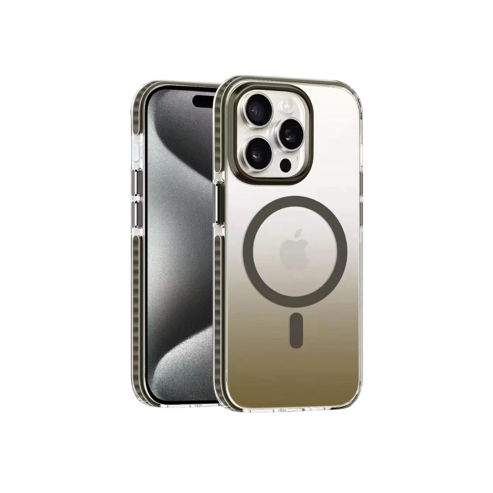 Desert-colored Phone Base Snapz MagSafe case on an iPhone, featuring a sleek protective design with magnetic compatibility.