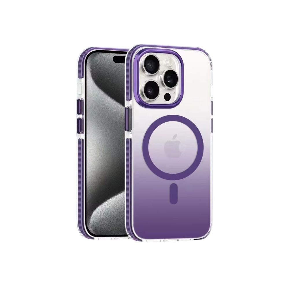Purple Phone Base Snapz MagSafe Case fitted on an iPhone, showing slim protective design with precise cutouts for buttons and ports.