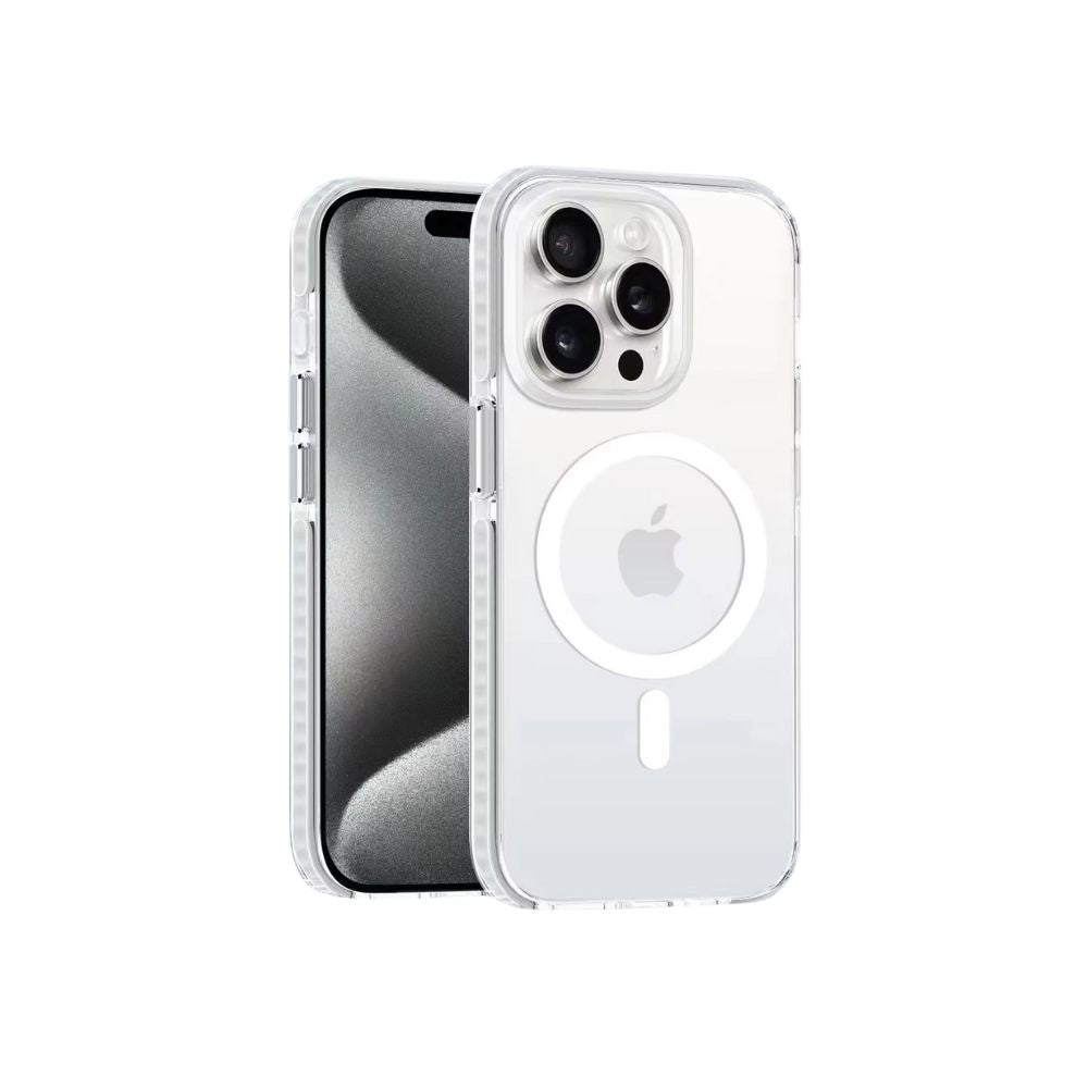 White Phone Base Snapz MagSafe case fitted on an iPhone, showing slim protective design and easy MagSafe compatibility.