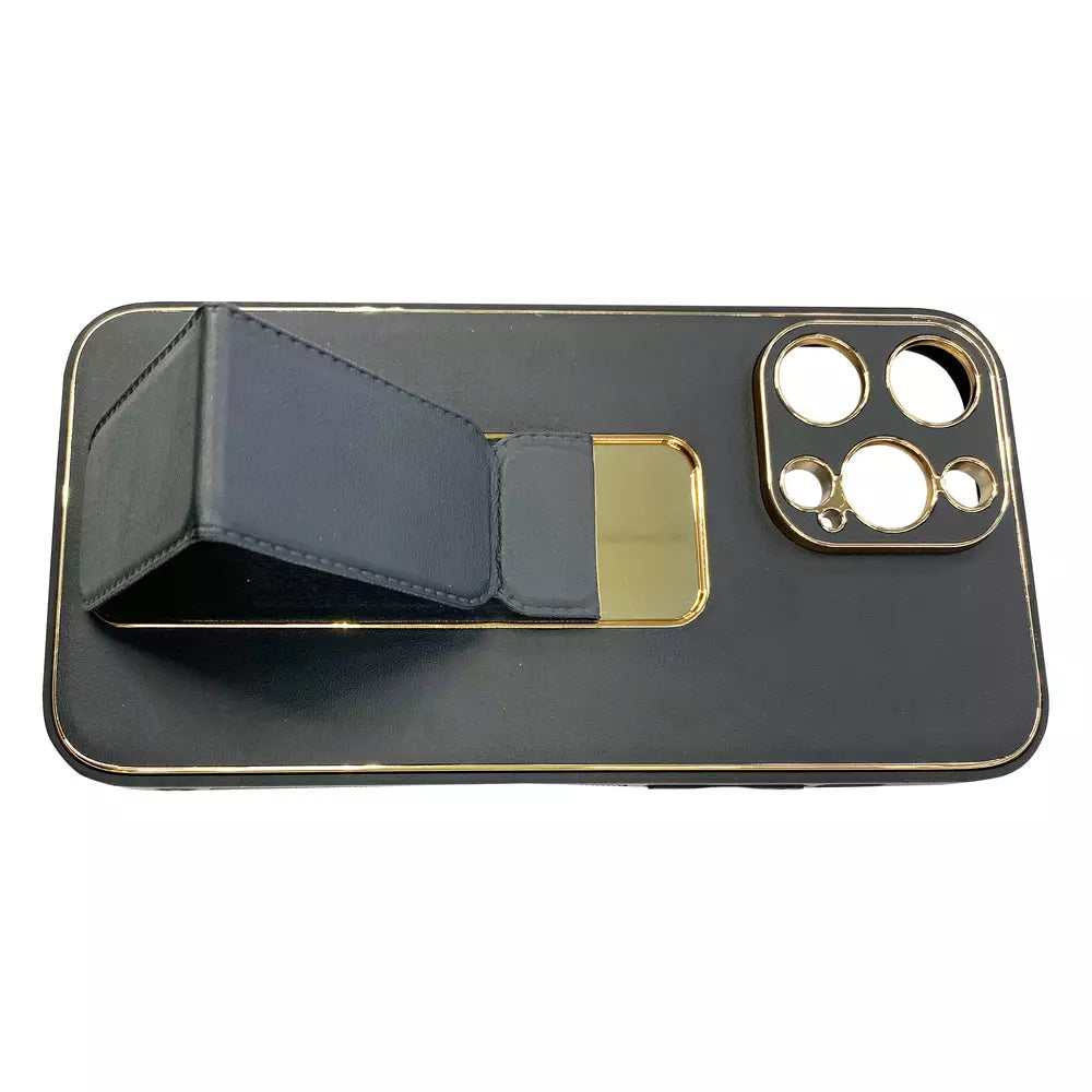 Black Phone Base Vibe Stand Case fitted on an iPhone, featuring a built-in stand for hands-free viewing.