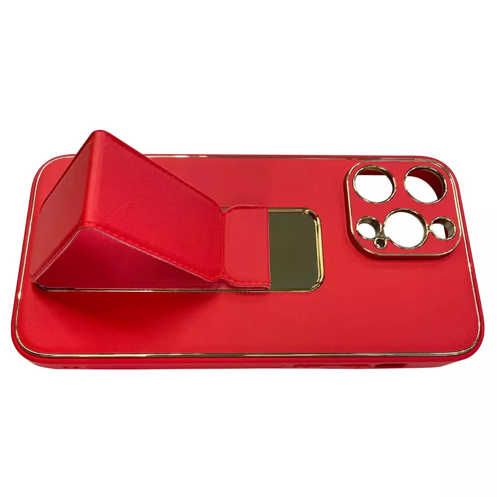 Red iPhone Vibe Stand Case by Phone Base, showing the protective case with built-in stand feature for easy viewing.