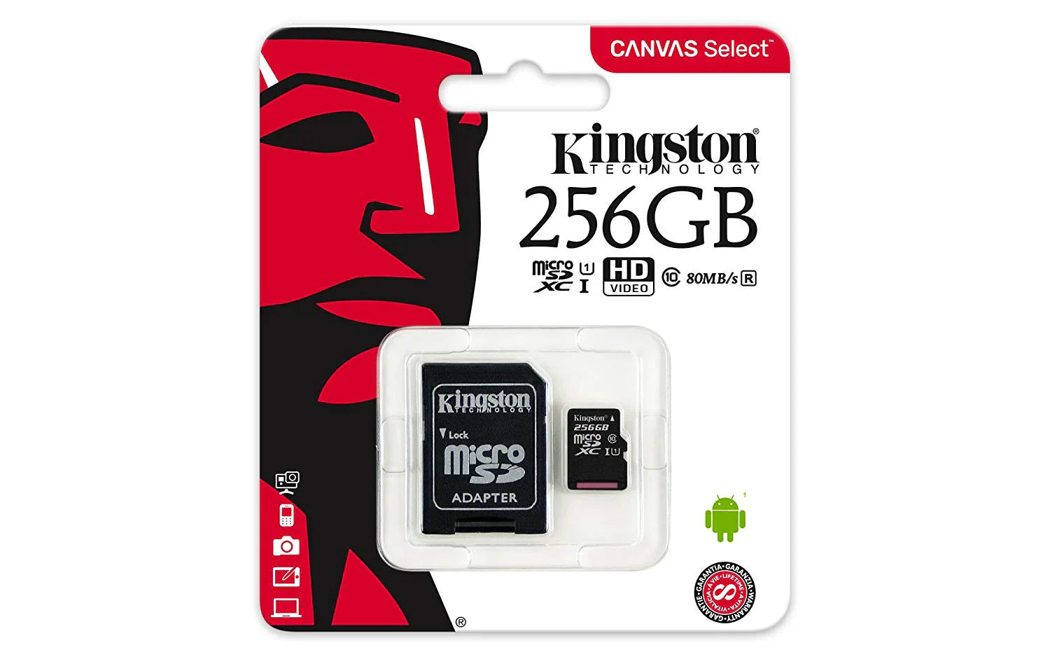 Kingston 256GB Micro SD memory card with USB adapter, compact and portable storage solution from Phone Base.