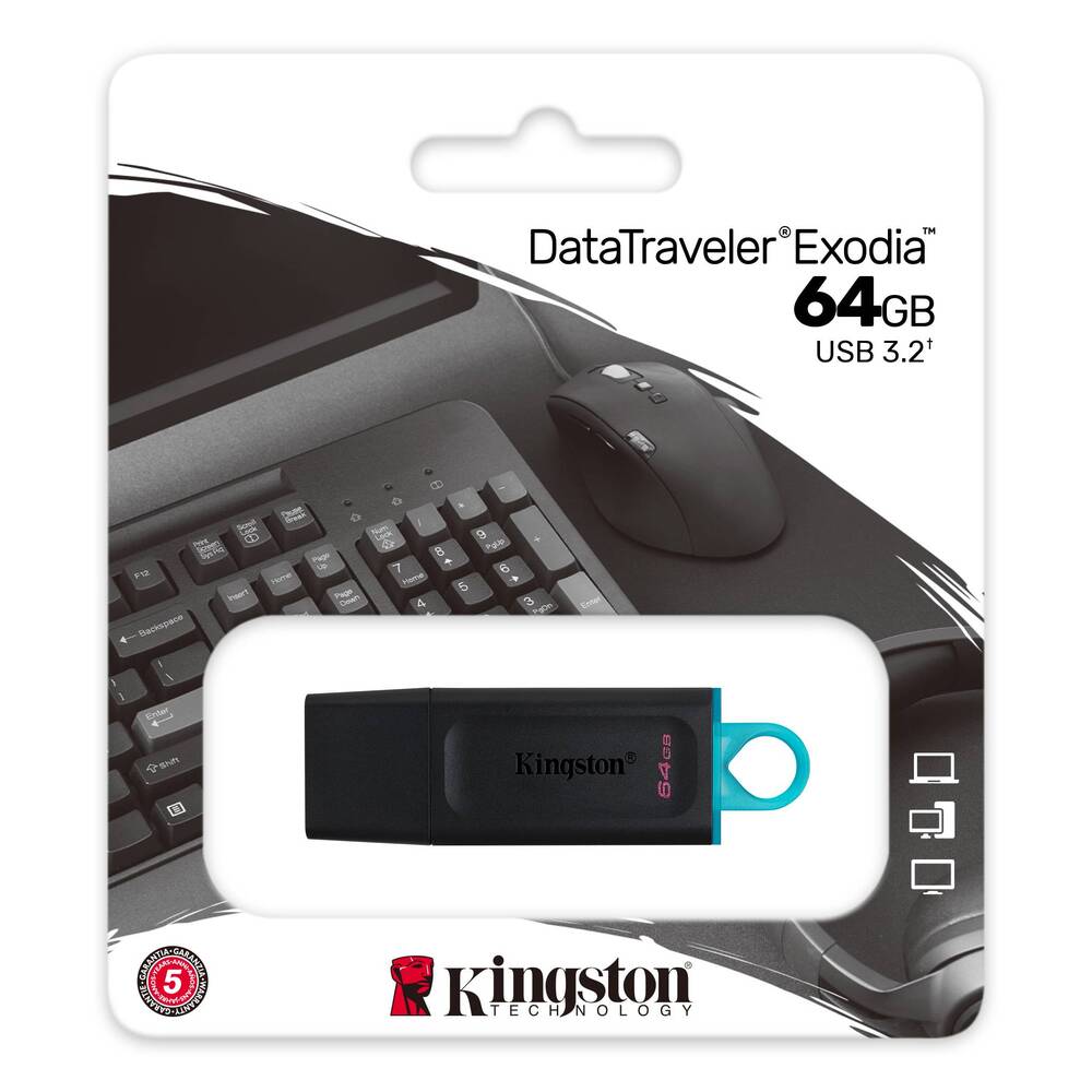 Kingston DataTraveler Exodia USB flash drive in 64GB with black and silver design, shown on a white background.