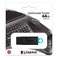 Kingston DataTraveler Exodia USB flash drive in 64GB with black and silver design, shown on a white background.