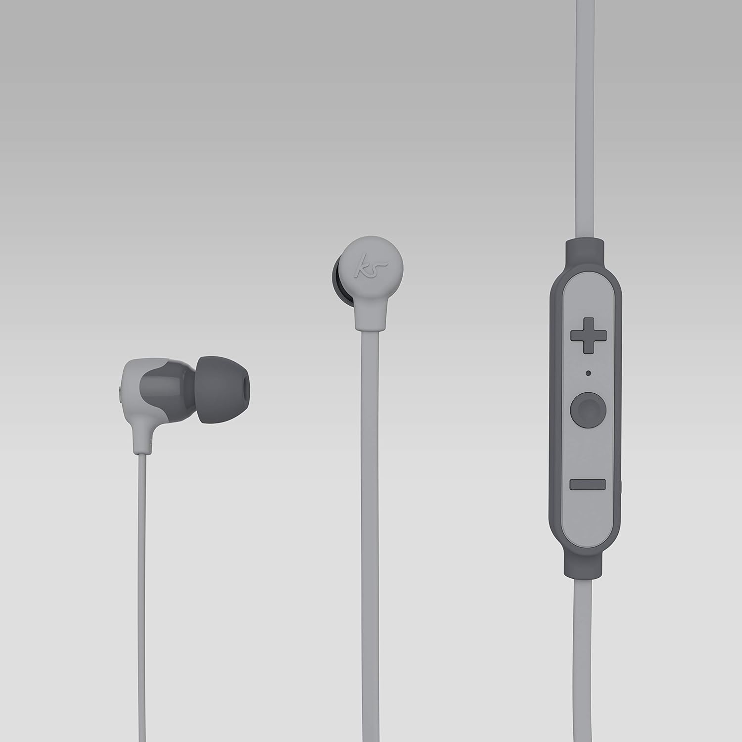 Kitsound Funk 15 in-ear wireless headphones with microphone in grey, designed by Phone Base, shown with in-ear buds and inline mic.