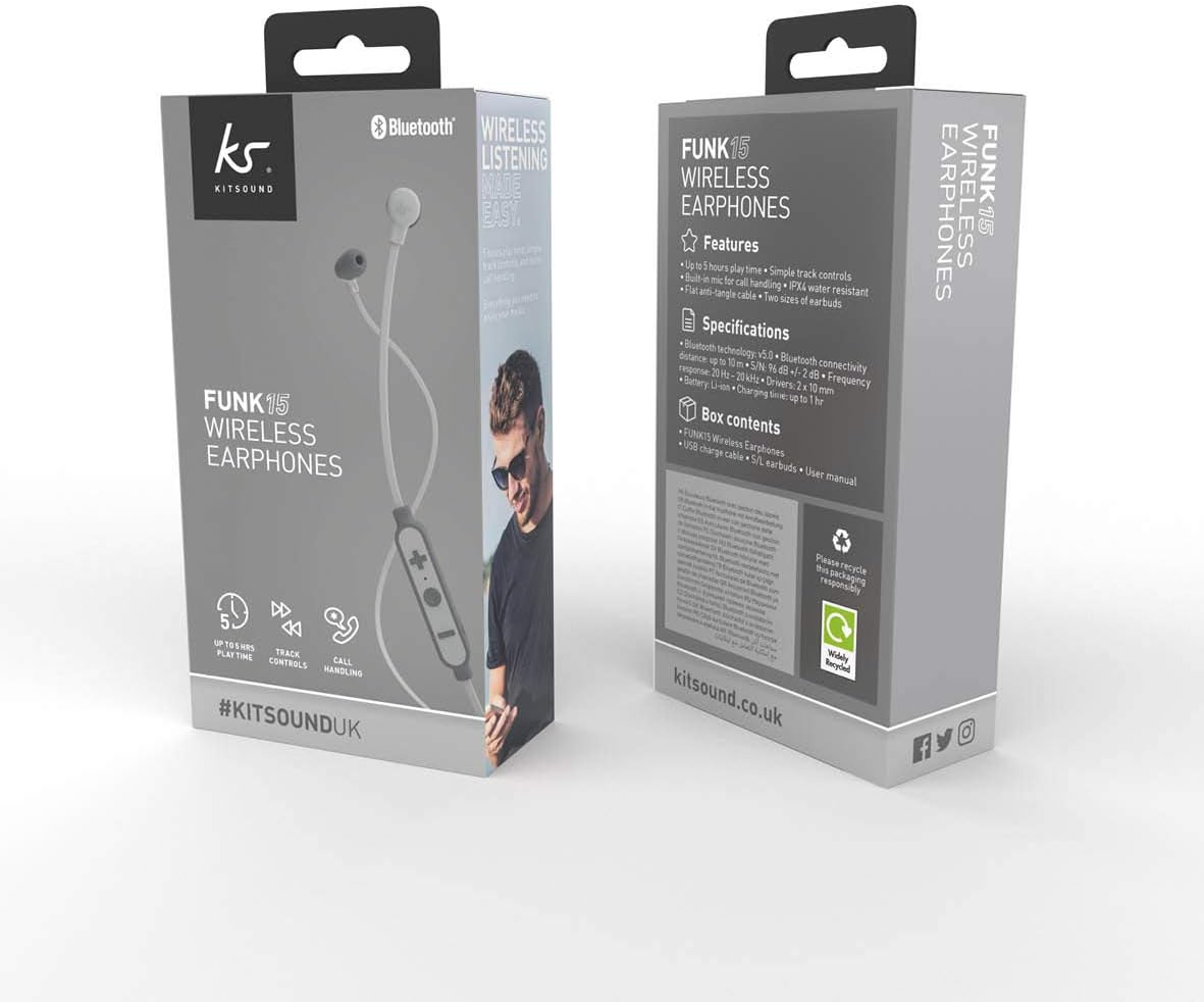 Kitsound Funk 15 in-ear wireless headphones with microphone in grey, featuring sleek design and earbud tips.