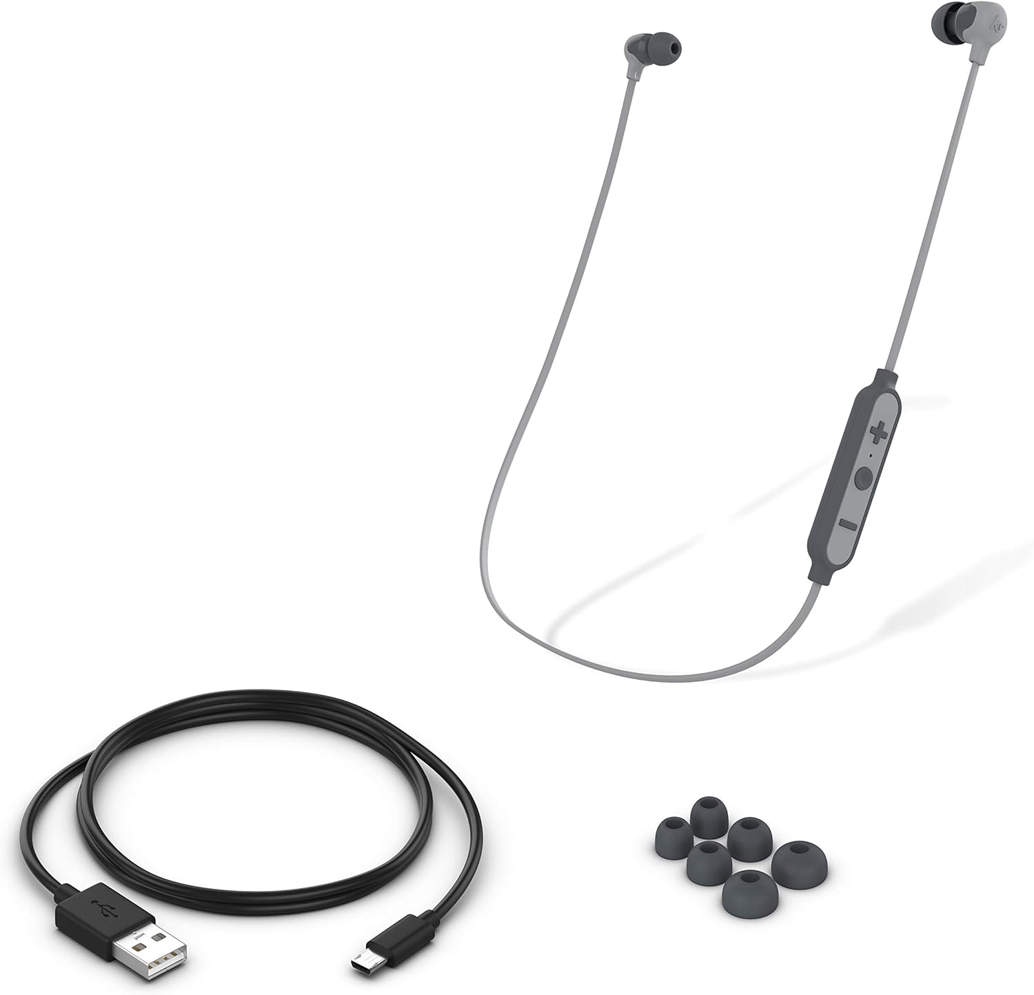 Grey Kitsound Funk 15 in-ear wireless headphones with microphone, shown with inline controls and sleek design.