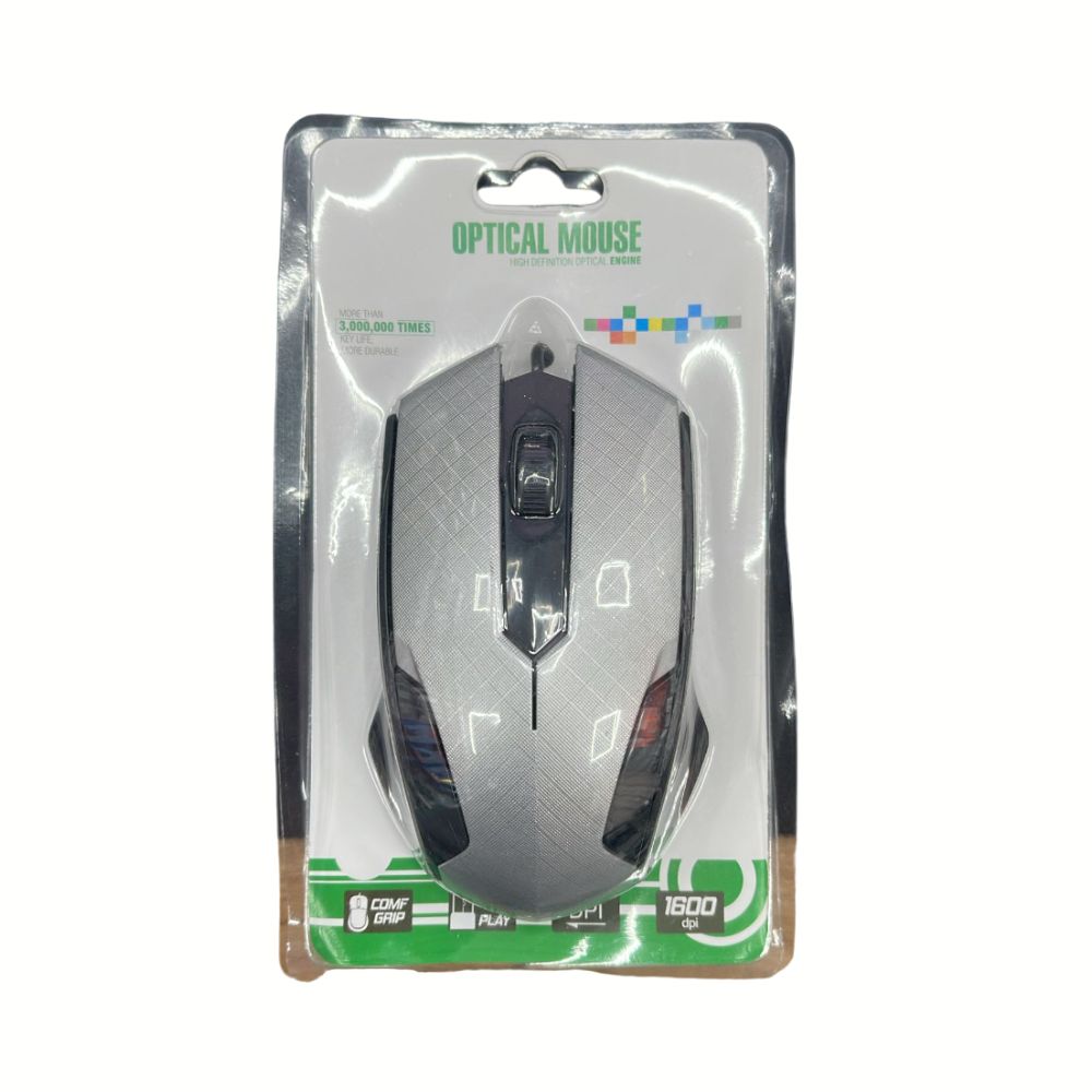 Grey optical mouse from Phone Base with ergonomic design and scroll wheel, displayed on a neutral background.