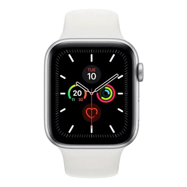 Refurbished Apple Watch Series 5 44mm smartwatch with black sport band, showing digital display and sleek design.