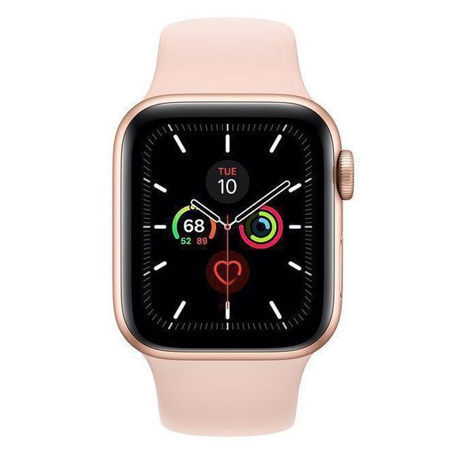 Refurbished Apple Watch Series 5 44mm smartwatch with black sport band, showing the digital display and sleek design.