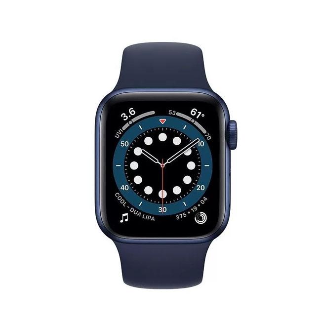 Refurbished Apple Watch Series 6 40mm smartwatch with black sport band, showing digital display and sleek design.