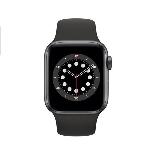 Refurbished Apple Watch Series 6 40mm smartwatch with black sport band, showing digital display and sleek design.