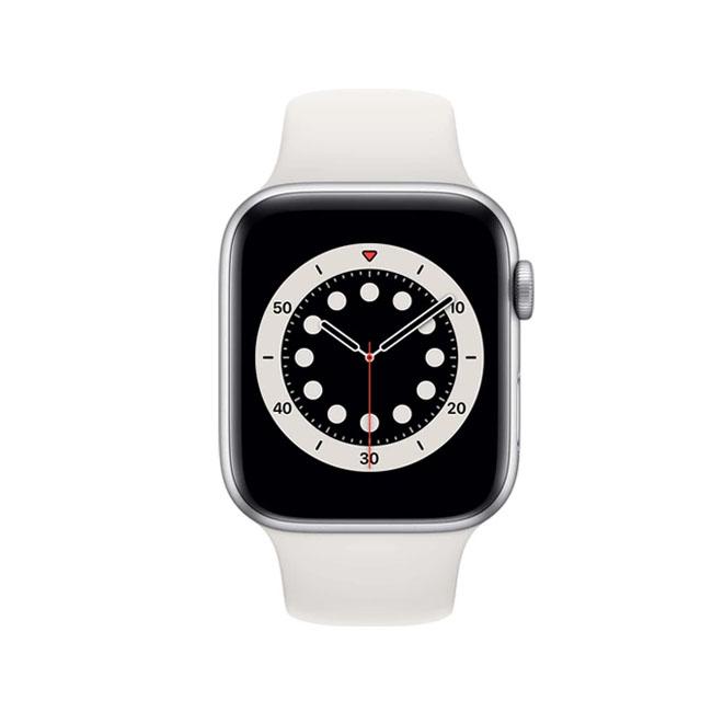 Refurbished Apple Watch Series 6 40mm smartwatch with black sport band, showing digital display and sleek design