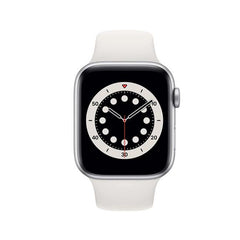 Refurbished Apple Watch Series 6 40mm smartwatch with black sport band, showing digital display and sleek design.