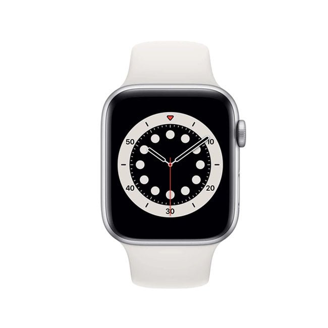 Refurbished Apple Watch Series 6 44mm smartwatch with black band, showing a digital time display on the screen.