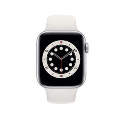 Refurbished Apple Watch Series 6 44mm smartwatch with black band, showing a digital time display on the screen.