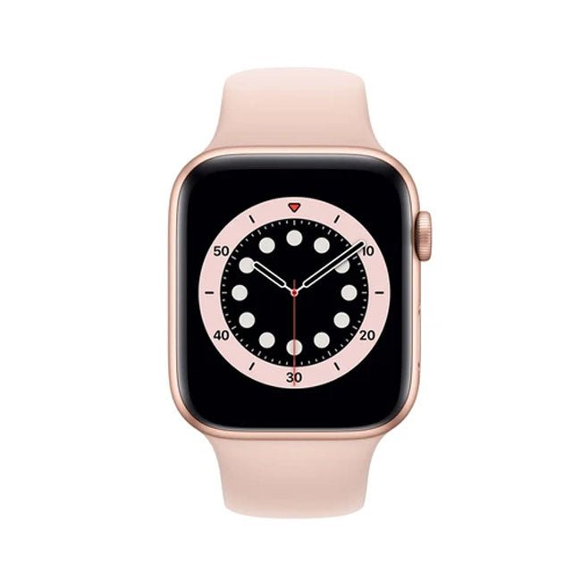 Refurbished Apple Watch Series 6 44mm smartwatch with black sport band, display showing fitness data and time.