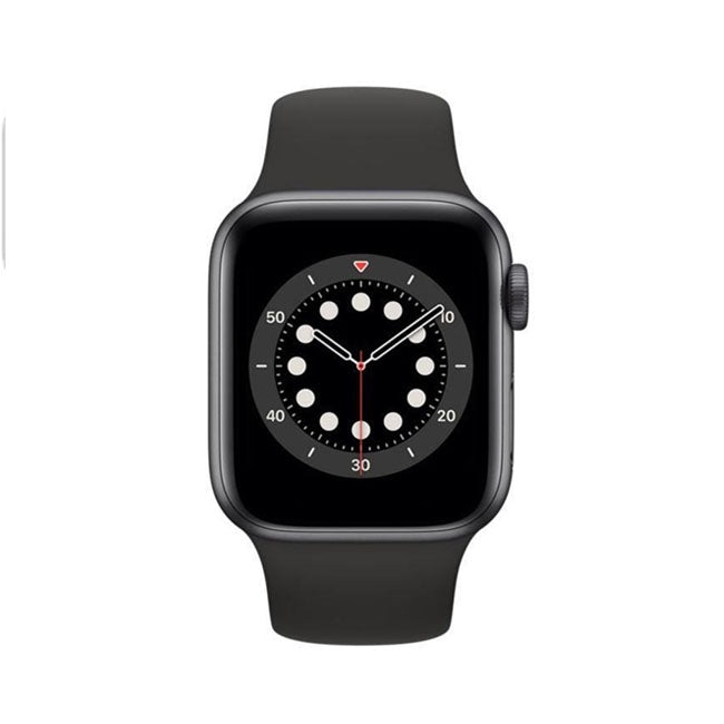 Refurbished Apple Watch Series 6 44mm smartwatch with black sport band, showing the watch face and side buttons.