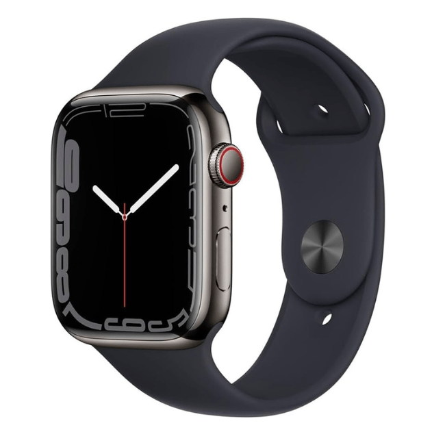 Refurbished Apple Watch Series 7 45mm stainless steel cellular smartwatch with unlocked functionality, displayed on a clean background.