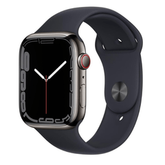 Refurbished Apple Watch Series 7 45mm stainless steel cellular smartwatch with unlocked functionality, displayed on a clean background.