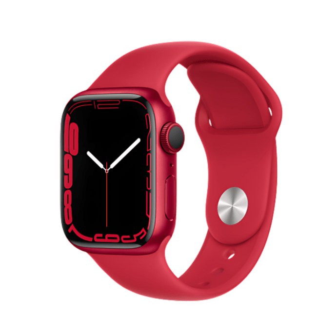 Refurbished Apple Watch Series 7 41mm Cellular Smartwatch with unlocked feature displayed on black band.