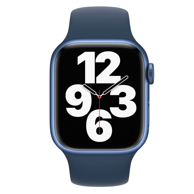 Refurbished Apple Watch Series 7 41mm Cellular with black sport band, unlocked, showing digital watch face and side buttons.