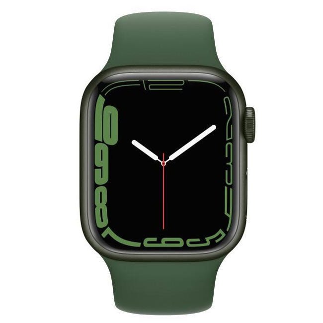 Refurbished Apple Watch Series 7 45mm smartwatch with a sleek black band and digital display showing fitness and notifications.