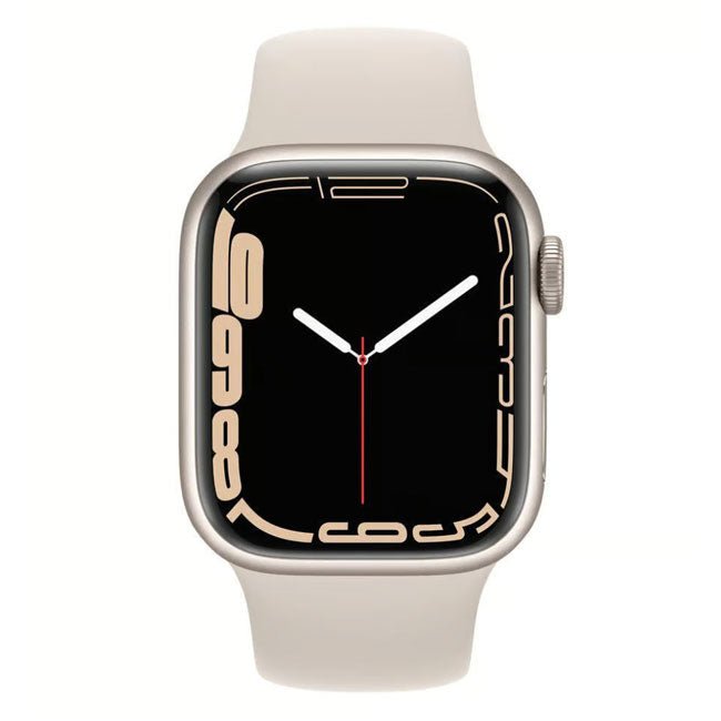 Refurbished Apple Watch Series 7 45mm Cellular with black band on a white background, unlocked smartwatch from RefurbPhone.