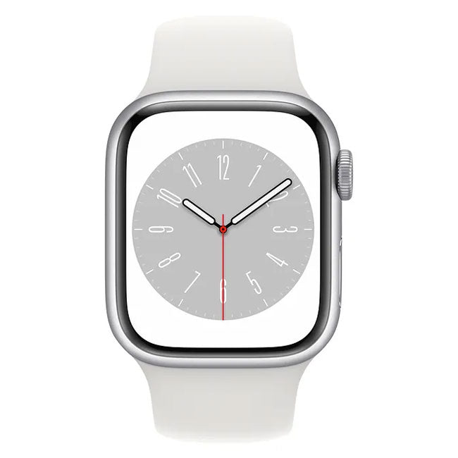 Refurbished Apple Watch Series 8 45mm smartwatch with sleek display and digital crown, black sport band attached.