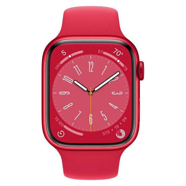 Refurbished Apple Watch Series 8 45mm smartwatch with sleek display and sporty band, showcasing its modern design.