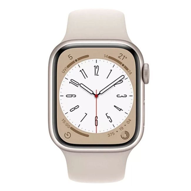 Refurbished Apple Watch Series 8 45mm smartwatch with digital display and sleek design, shown in close-up view.