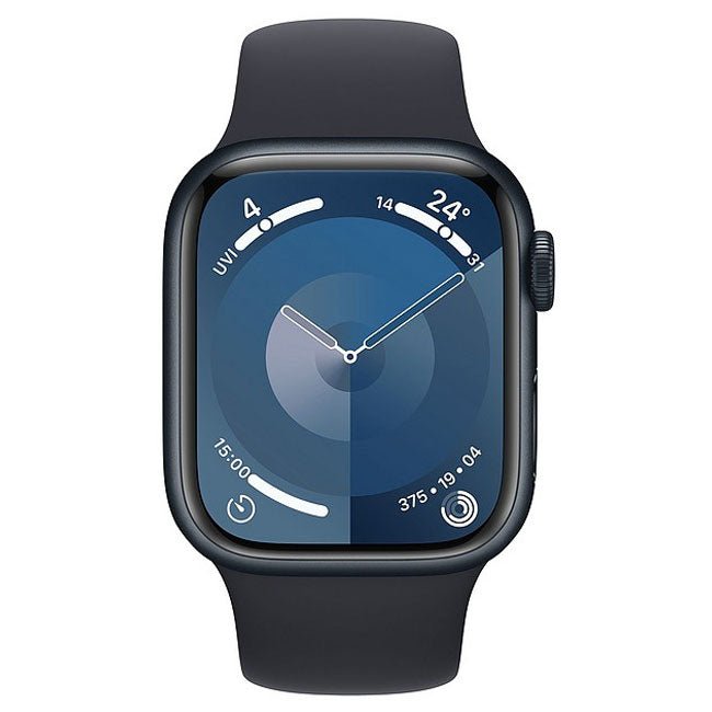 Refurbished Apple Watch Series 9 41mm Cellular smartwatch with black sport band, unlocked for use with any compatible network.
