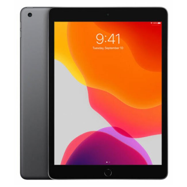 Refurbished iPad 7 (2019) 128GB Wi-Fi + Cellular tablet by RefurbPhone, showing the black front screen and sleek design.