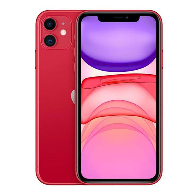 Refurbished iPhone 11 with 128GB storage, unlocked mobile phone from RefurbPhone, showing front and rear views.