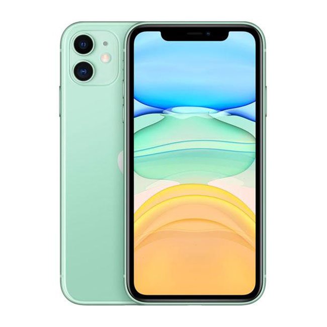 Refurbished iPhone 11 with 64GB storage, unlocked mobile phone by RefurbPhone, showing the front screen with colorful display.