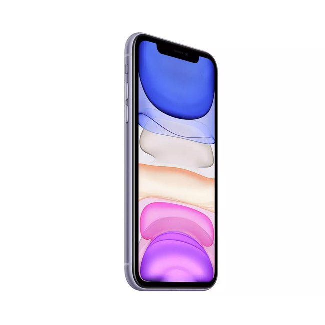 Refurbished iPhone 11 with 128GB storage, unlocked, showing the front display with app icons and sleek design.