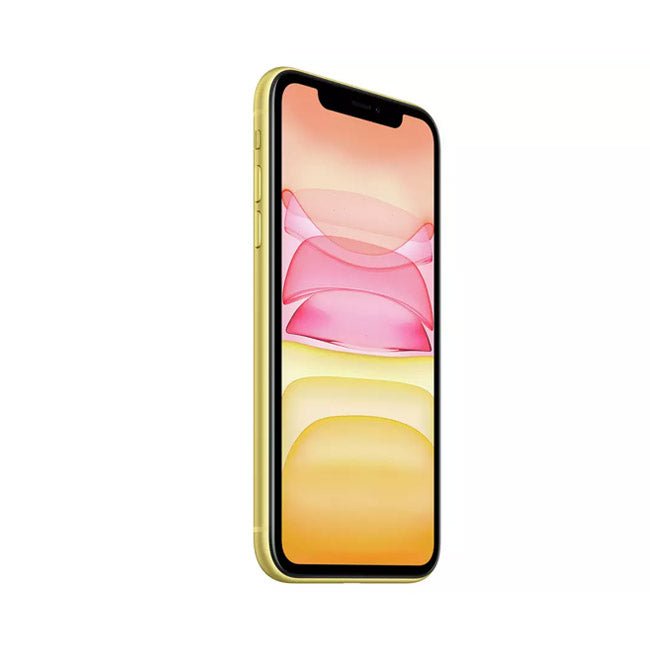 Refurbished iPhone 11 with 128GB storage, unlocked mobile phone by RefurbPhone, showing front and back view.