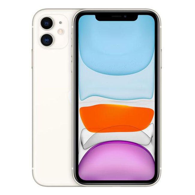Refurbished iPhone 11 with 64GB storage, unlocked, showing front and back views, in black with dual camera system.