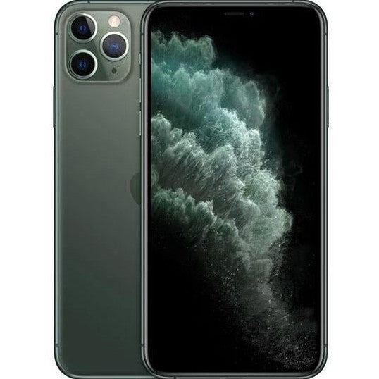 Refurbished iPhone 11 Pro with 512GB storage, unlocked, showing front and back views with sleek design and triple-camera system.
