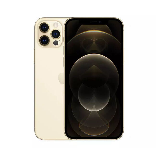 Refurbished iPhone 12 Pro with 128GB storage, unlocked mobile phone from RefurbPhone, showing front and back views.